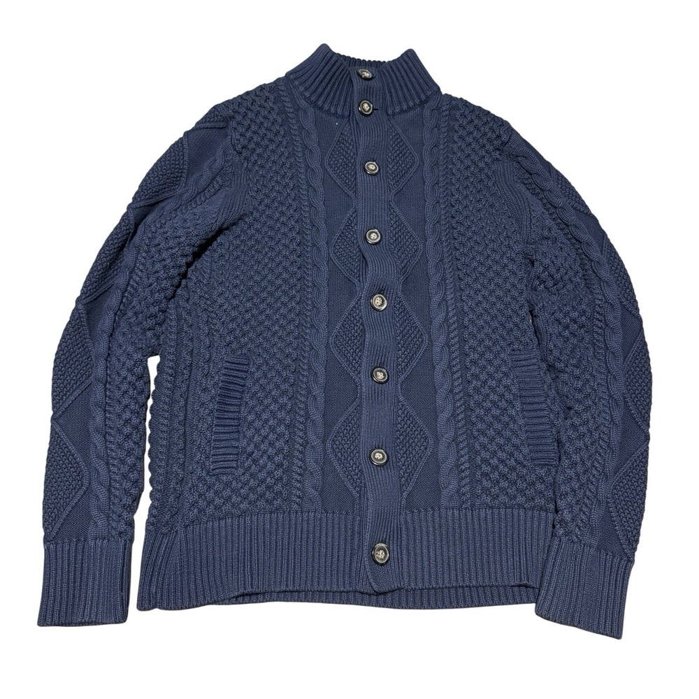 Brooks‎ Brothers Cotton Navy Blue Size Large Ornate Cable Knit Sweater Buttons